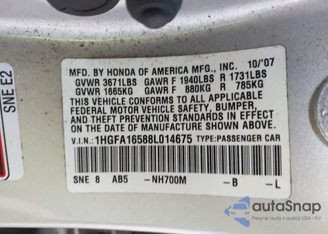 2008 Honda Civic Lx из США, поврежденный, VIN 1HGFA16588L014675